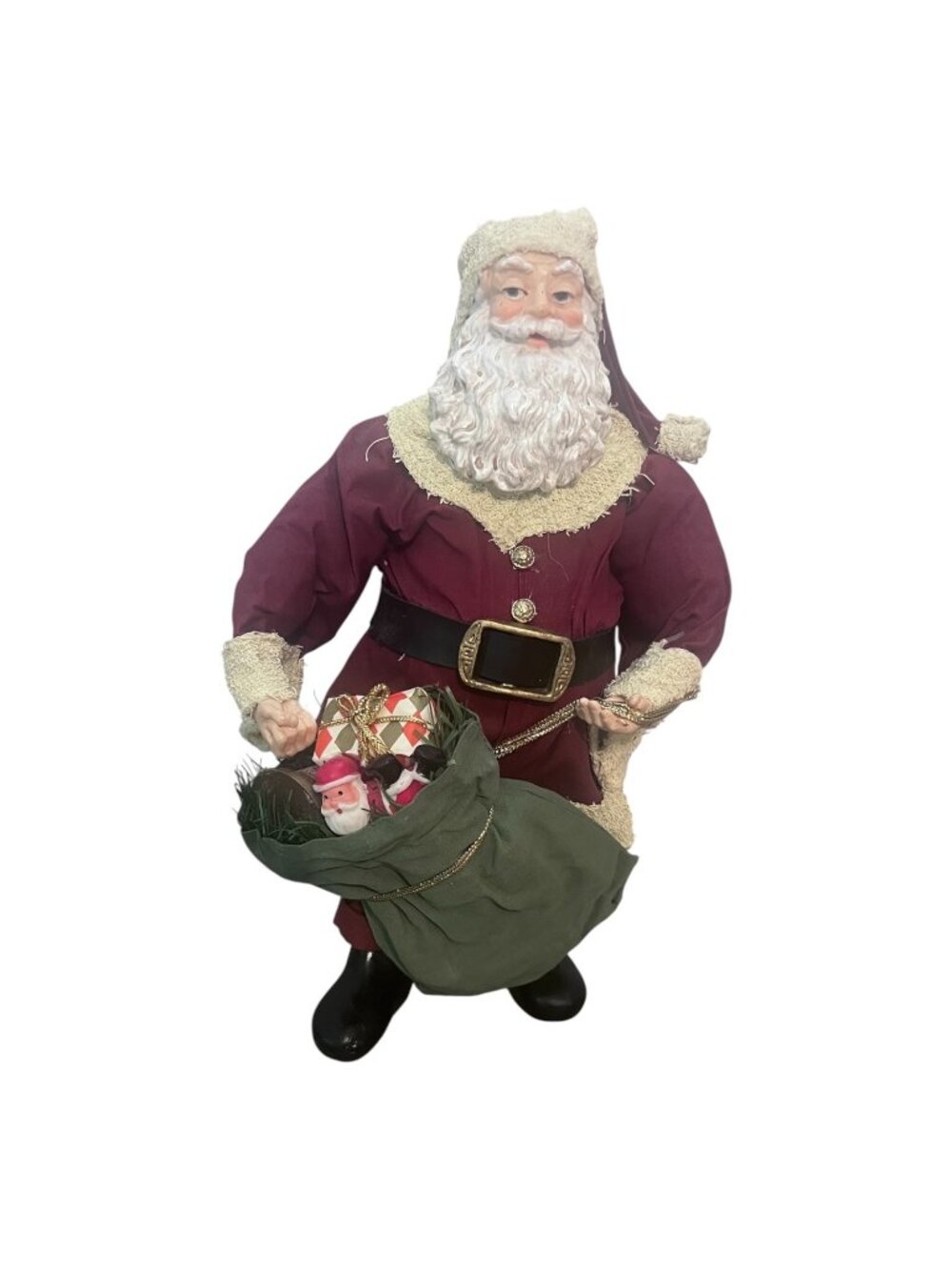 Vintage Style Santa Figure With Toy Bag Burgundy Coat 10 Inch